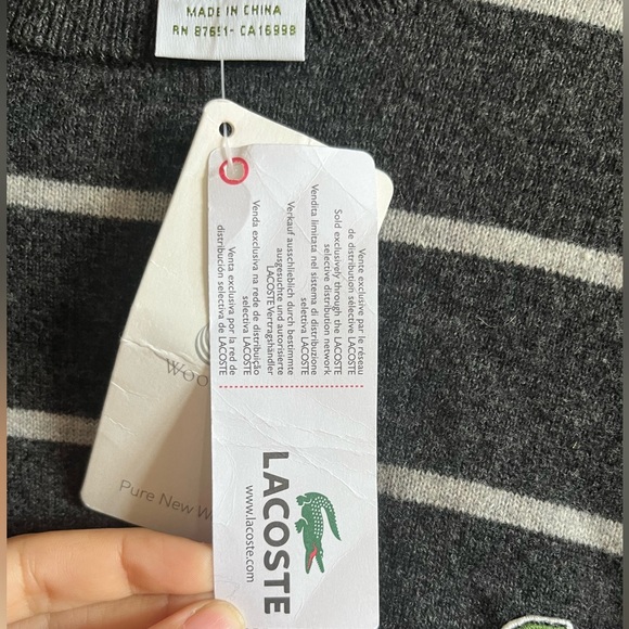 NWT Lacoste Pure Wool Striped Charcoal Crewneck Pullover Sweater - Picture 4 of 13